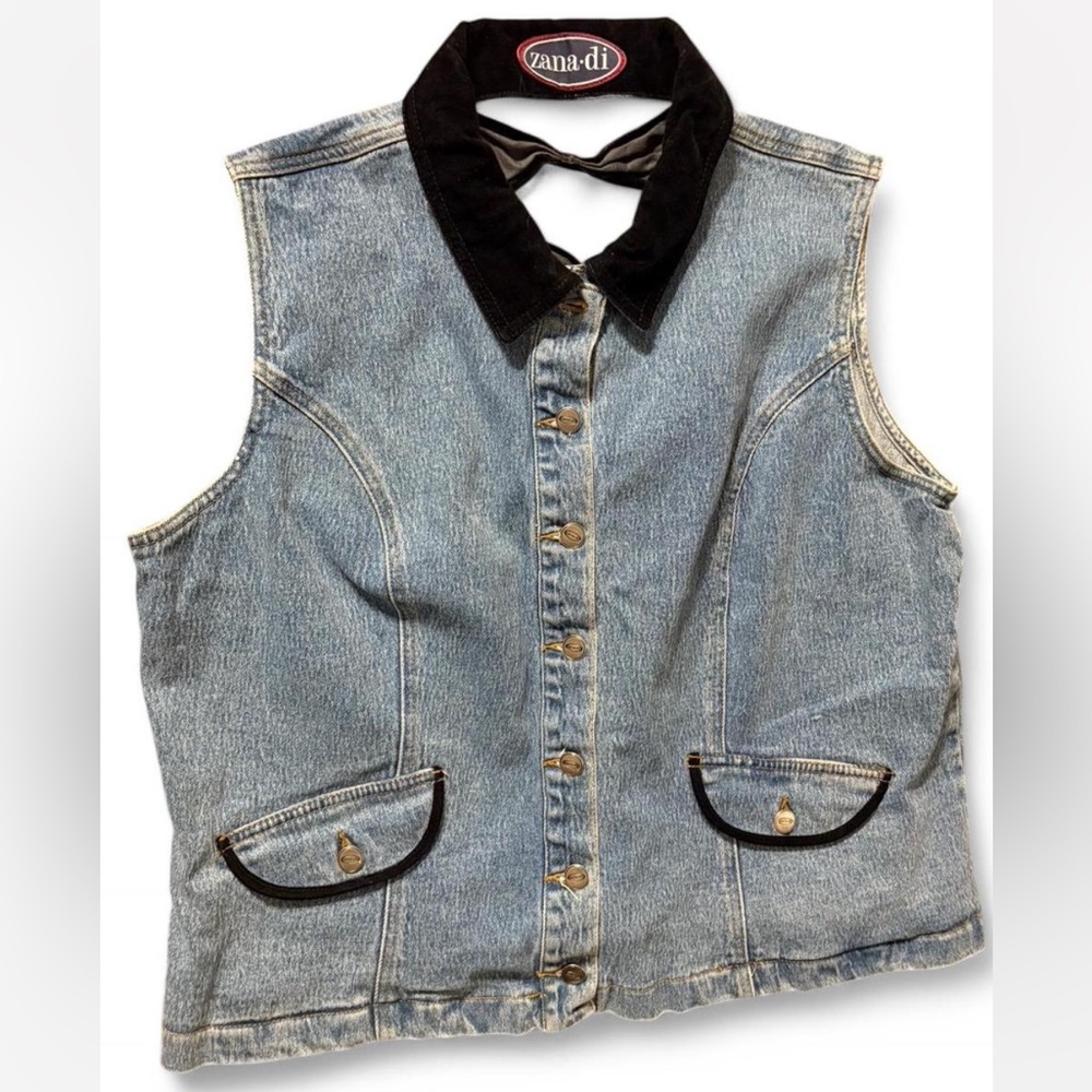 Light Blue Denim Vest with Black velvet trim